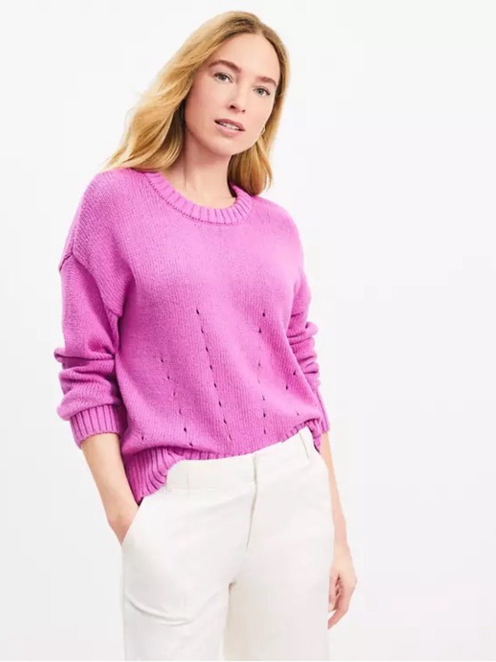 LOFT Pink Pointelle Knit Sweater 100% Cotton Size L